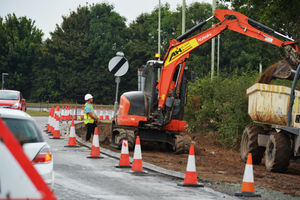 Roadworks near to the site of a new Aldi being built, at Battlefield, Shrewsbury..