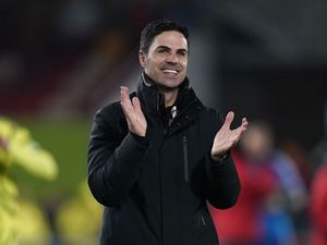 Arsenal manager Mikel Arteta celebrates the win after the Premier League match at the Gtech Community Stadium, London.