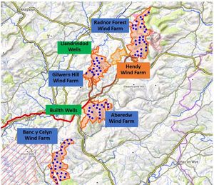 The towns of Builth Wells and Llandrindod Wells will be surrounded with wind farms if all these proposals go ahead. About 100 turbines with many over 200m high. Image: Re-Think: Don't Break the Heart of Wales
