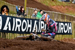 Kasimir Hindersson of Motovation Motorsport KTM falls meters short of the checkered flag at Hawkstone International to come 2nd in race 3 (Kieran Griffin)