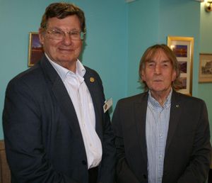 Rotarian Richard Green (left) is welcomed to Shrewsbury Severn Rotary Club by president David Morris.