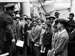 Jamaican immigrants being welcomed by RAF officials in 1948