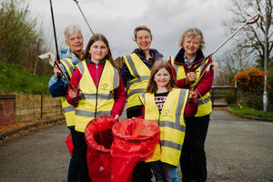 Crew Green Community Crew On The Hunt For More Litter Pickers. In Picture L>R: Caroline Travis, Marley Griffiths 11, Corrine Woolley, Oona Griffiths, 8, and June Brydon.