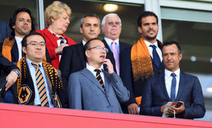 Left to right, Wolves chairman Jeff Shi with Guo Guangchang, the chairman of Fosun International Limited, and agent Jorge Mendes at Molineux. (Picture: AMA)