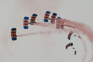 The RAF Falcons in their thrilling snake-like formation before landing in the main ring at the Royal Welsh Show. Image by Andy Compton