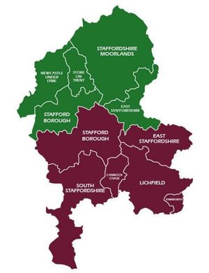 Proposal for North Staffordshire and Southern and Mid-Staffordshire unitary councils, with boundary changes. Image taken from Stafford Borough Council report.