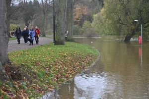 Shrewsbury starts to flood. Flooded paths and Coffee shops on stilts at Quarry Park.