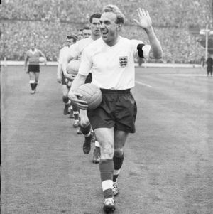 Billy Wright leads England on to the field before defeating Scotland 1-0