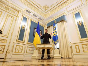 Ukrainian President Volodymyr Zelensky speaks to journalists during press conference in Kyiv, Ukraine