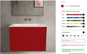 A screenshot from 34 St John’s website showing the Scanalato vanity in Traffic Red — with more than 2,000 other colour options just a click away.