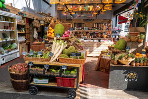 A healthy eating market stall at Borough Market, Southwark.