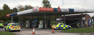 Cones block off the entrance to the fuel pumps at the Tesco petrol station