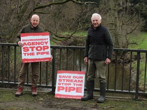 John Wood (left) with fellow supporter Robert Park. Mr Wood set up a petition to prevent a pipe being built that could result in sewage being dumped into the River Onny. Picture: Mike Handyside