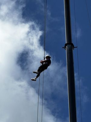 Miriam Homer descends the Cliffhanger abseil. Photo: Lanyon Bowdler