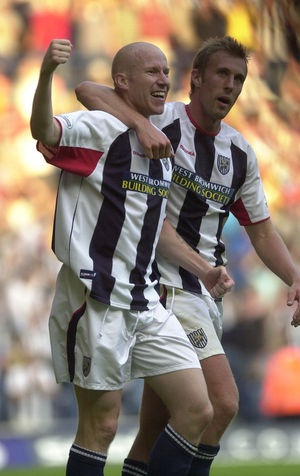 Lee Hughes after his second goal, with Rob Hulse.