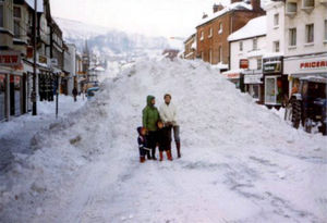 Snow in Broad Street, Newtown, on January 10, 1982. Picture shared by Dick Williams of Churchstoke. He says: 'The people standing on 'the mountain' are my wife, daughter and her two boys.'