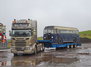 The bus starts its journey to Telford on a low loader.