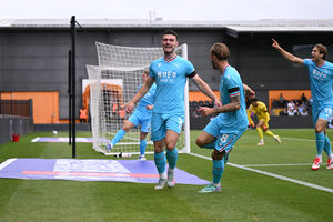 Connor Barrett celebrates his early opener for Walsall in their 2-1 win at Barnet on Saturday. (Image by Owen Russell)