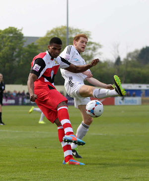 Michael Nottingham of Solihull Moors and Mike Grogan of AFC Telford United