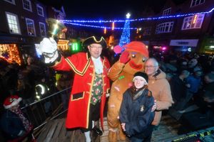 Market Drayton Christmas Lights Switch on. They were switched on by Mayor: Roy Aldcroft, Elspeth Taylor (Overall art winner in the Mkt D Calendar Comp), Town Crier: Geoff Russell and the Gingerbread Man.
