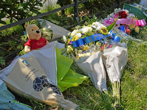 Supporting image for story: Teddy bears and floral tributes adorn site of car crash that killed three people