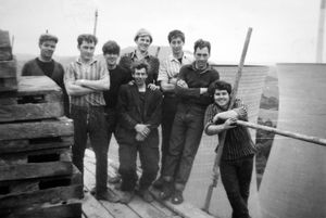 Men at the top. From left, unknown, Sammy Owen, Mike Bowden, two unknowns, "Jock," Bruce Allcroft and front centre, Eric Dodd.