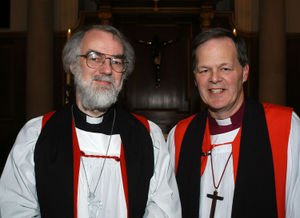 The then-Archbishop of Canterbury, Baron Williams of Oystermouth, with Bishop Gledhill upon his election as Bishop of Lichfeld in 2003. Photo: Geoff Crawford