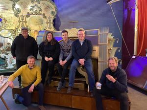 The team on the other end, working late into the evening to reassemble the console in its new home. Matthew Griffiths, Lewis Marshall, Susan Griffiths, Edd Hordley, Cameron Lloyd, Damon Willetts.