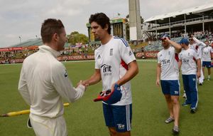 England's Alastair Cook (right) shakes hands with Michael Clarke (left)