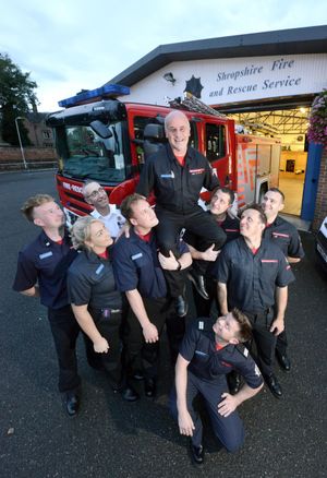 Trevor Matthews is is retiring after 35 years as a firefighter. With him is Liam Matthews, Thomas Ordidge, Christian Frain, Charlie Cartwright, Craig Hartland, Rachel Freeman, Dan Thomas and Jon Pullen
