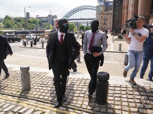 Daniel Graham (centre left) and Adam Carruthers (centre right) leaving Newcastle Upon Tyne Magistrates’ Court