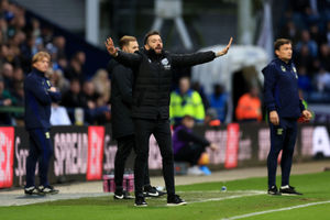 Carlos Corberan calls the shots from the sidelines at Preston. Pic: PA