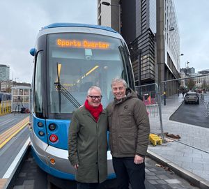 West Midlands Mayor Richard Parker and Birmingham City FC chief executive Jeremy Dale at Millennium Point Metro stop. PIC: Gurdip Thandi LDR