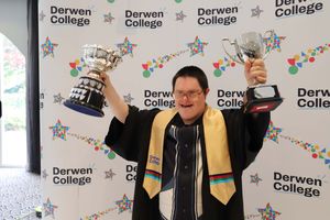 Derwen College graduate Lucas with his trophies. Picture: Derwen College