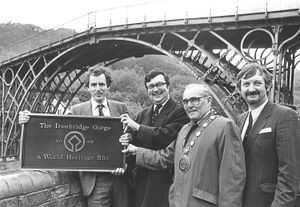This plaque in Ironbridge recorded the World Heritage Site designation, pictured on May 5, 1987. From left, Environment Minister William Waldegrave, Wrekin MP Warren Hawksley, Wrekin Council chairman Bill Miller, Ironbridge Gorge Museum director Stuart Smith. 