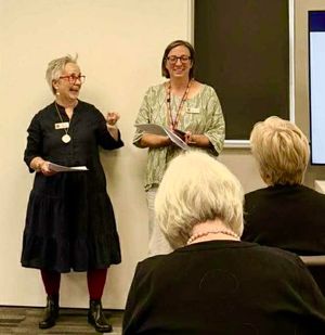 SFWI Federation Chair, Helen Mancey with Sam Taylor addressing the Watch Party