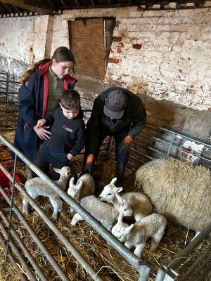 Peter Hamer, of Wood Farm, Old Springs with grandchildren Amelia Hamer aged 11 and Jacob Hamer aged 5 who have been helping out on the farm during the lambing with bedding and feeding
