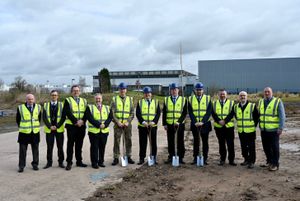 Mark Pritchard MP, centre, joins representatives from RBSL and government and army officials as work starts on the new test centre in Telford 