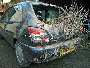 Supporting image for story: Narrow escape as Ludlow Town Walls rubble crushes car