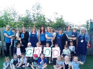 Staff and children at Meadow Farm Pre-School celebrate their Ofsted report. 