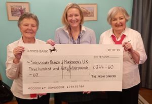 At a recent meeting of the Shrewsbury Branch of Parkinsons UK, two members of the Friday Singers presented a cheque for £344.60 , the proceeds of a Christmas Concert, to the chairwoman of the Shrewsbury Branch. From Left to right: Tricia Jones (Choir member) Maggie Connell (Chairwoman) and Lois Jones (Choir member).