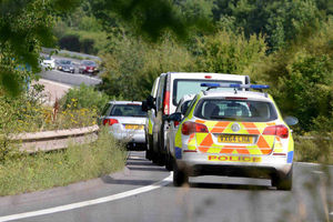 Police vehicles on the eastbound entry slip road of junction four of the M54 near Telford where the body was found