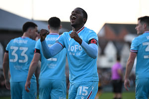Daniel Kanu celebrates his equaliser during Walsall's 4-2 win at Newport County. (Owen Russell)