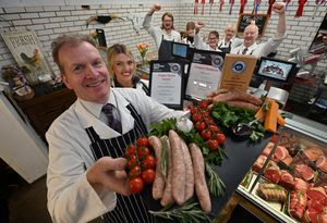 Morgans County Butchers LTD. Waters Upton, Telford. They have won awards for there Marmite & Cheese Sausage and Old Gloucester Spot Sausage. At the front with them is Darren Morgan and Lauren Morgan and at the back: Adam Davies, Phoebe Tugby, Joy Beaman, Sue Morgan and Andy Smith.