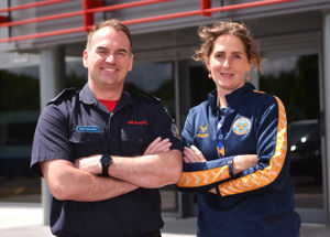 TELFORD COPYRIGHT Mike Sheridan - Shropshire Fire and Rescue's Marc Millward with Louiza Skinner from Shrewsbury Town Community Foundation as part of Youth Employment Week in Telford on Tuesday, July 8, 2025.