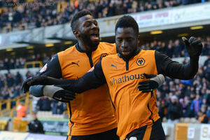 Nouha Dicko of Wolverhampton Wanderers celebrates after scoring a goal to make it 1-0 with Bakary Sako.