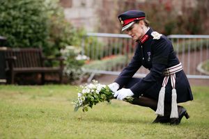Shropshire's Lord Lieutenant Anna Turner lays flowers in tribute to Queen Elizabeth II at Shrewsbury Castle