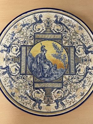 A close-up of the plate decorated by Thomas Fowler