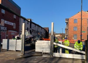 Flood barriers going up in Frankwell. Picture: Environment Agency