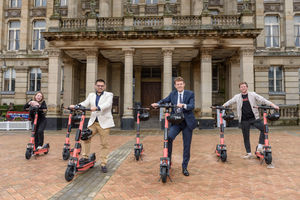 West Midlands Mayor Andy Street is joined by Councillor Waseem Zaffar and Lucy Yu and Alex Klimt from Voi during the launch the new electric scooter hire scheme in Birmingham